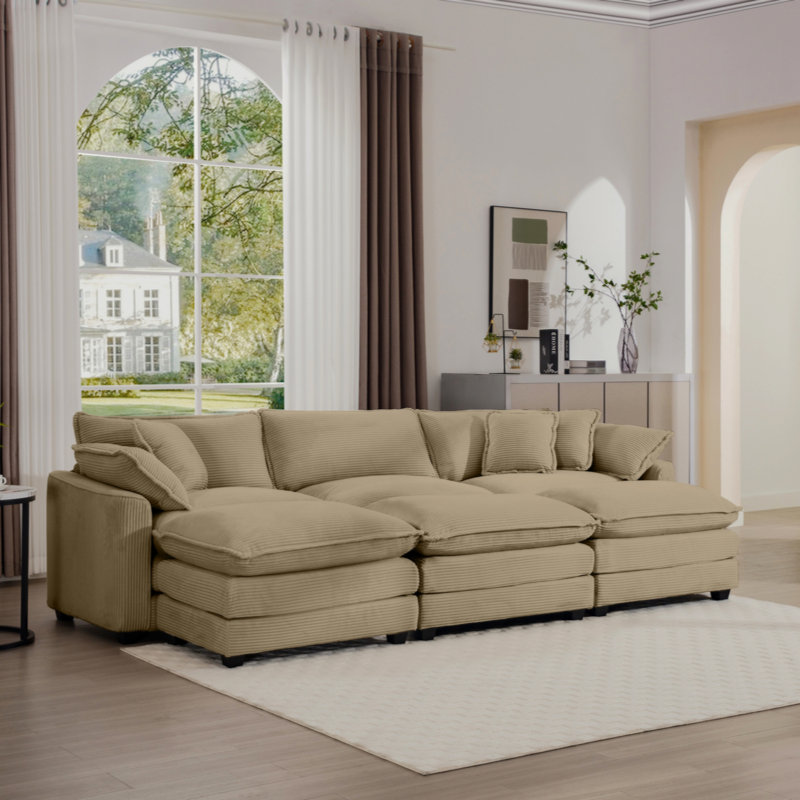 Oversized Modular Cushion Sofa Portable Ottoman L Shaped Corner Low Back Deep Seating Spacious Sofa Setfor Home Apartment Living Room Set Corduroy